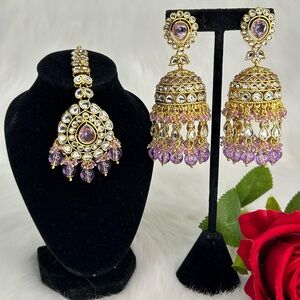 Gorgeous Lavender Gold Kundan Jhumkas And Tikka Set